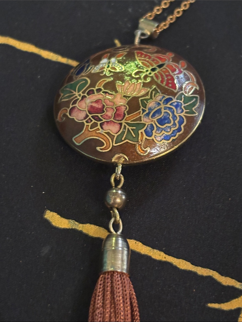 Floral Cloisonné Pendant Tassel Necklace - Brown gold chain made in Korea